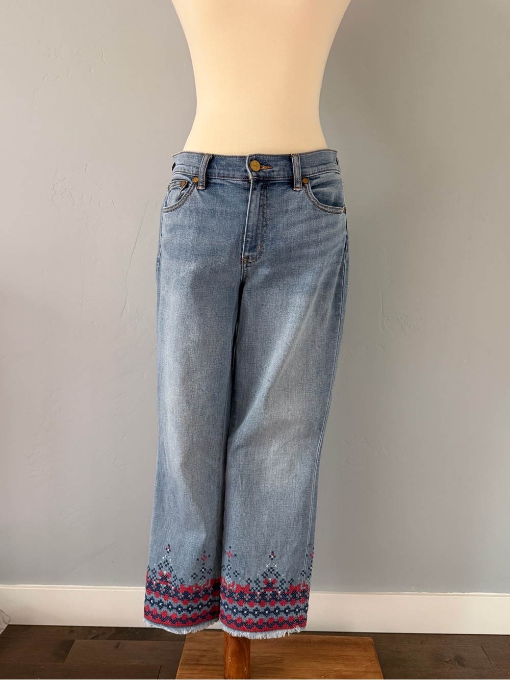 Tory Burch Embroidered Cropped Flare Jeans - Light Wash Navy Red Cross-Stitch